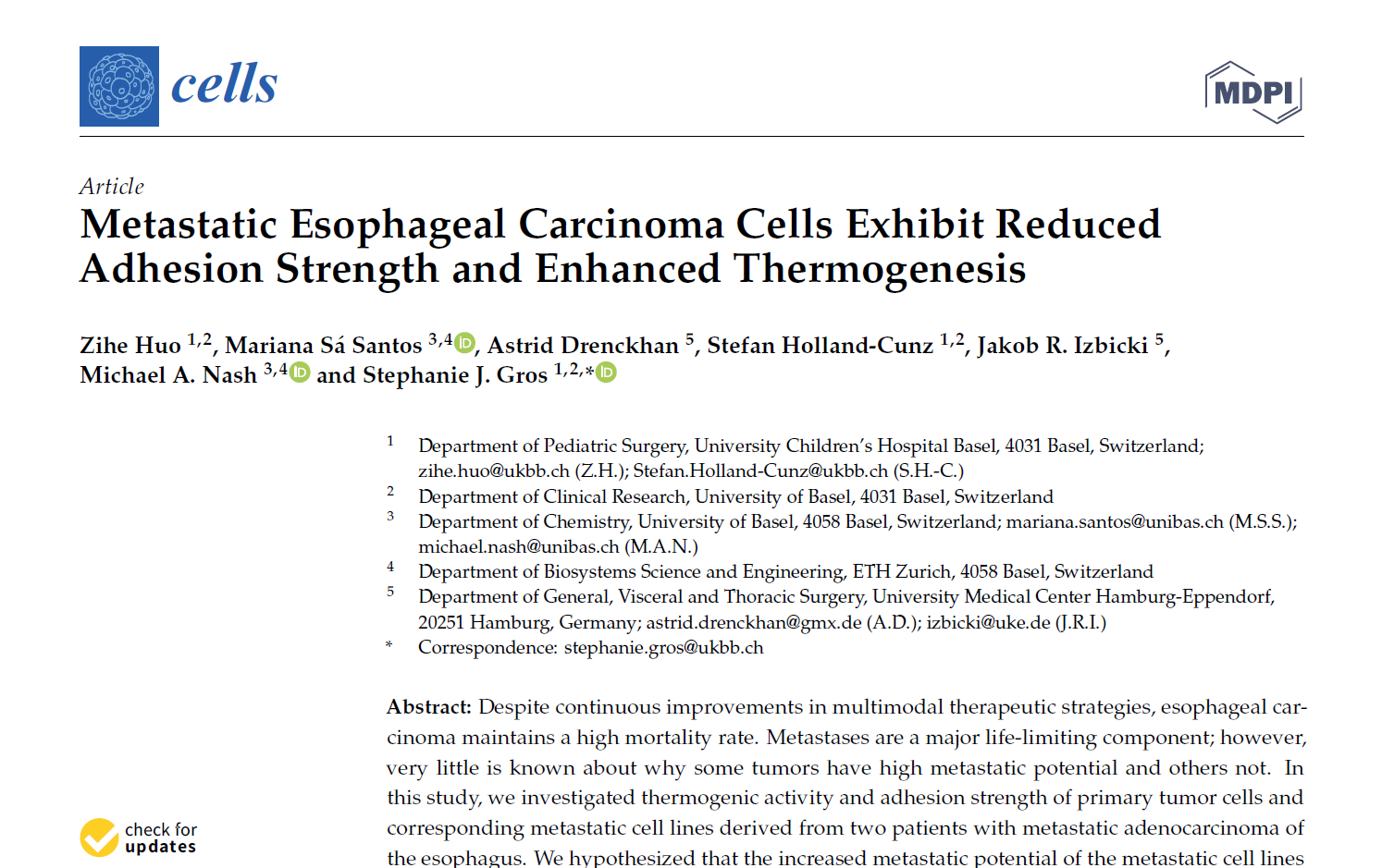 NEW PUBLICATION: Metastatic Esophageal Carcinoma Cells Exhibit Reduced Adhesion Strength and Enhanced Thermogenesis